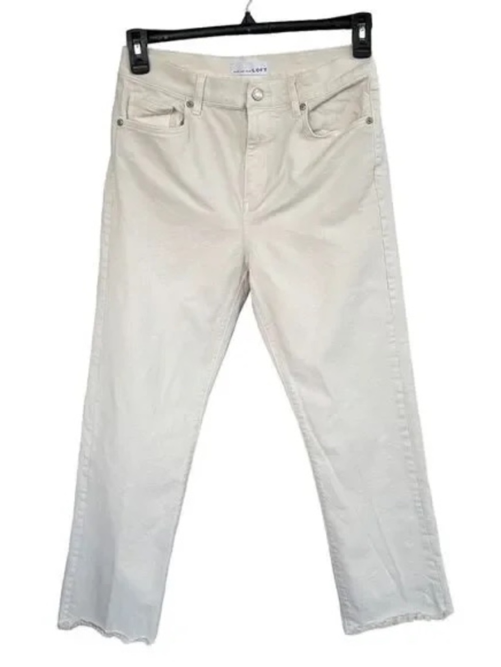 LOFT SZ 27/4 Straight Crop Jeans High-Rise Frayed Hems Zip-Fly Stretch Beige